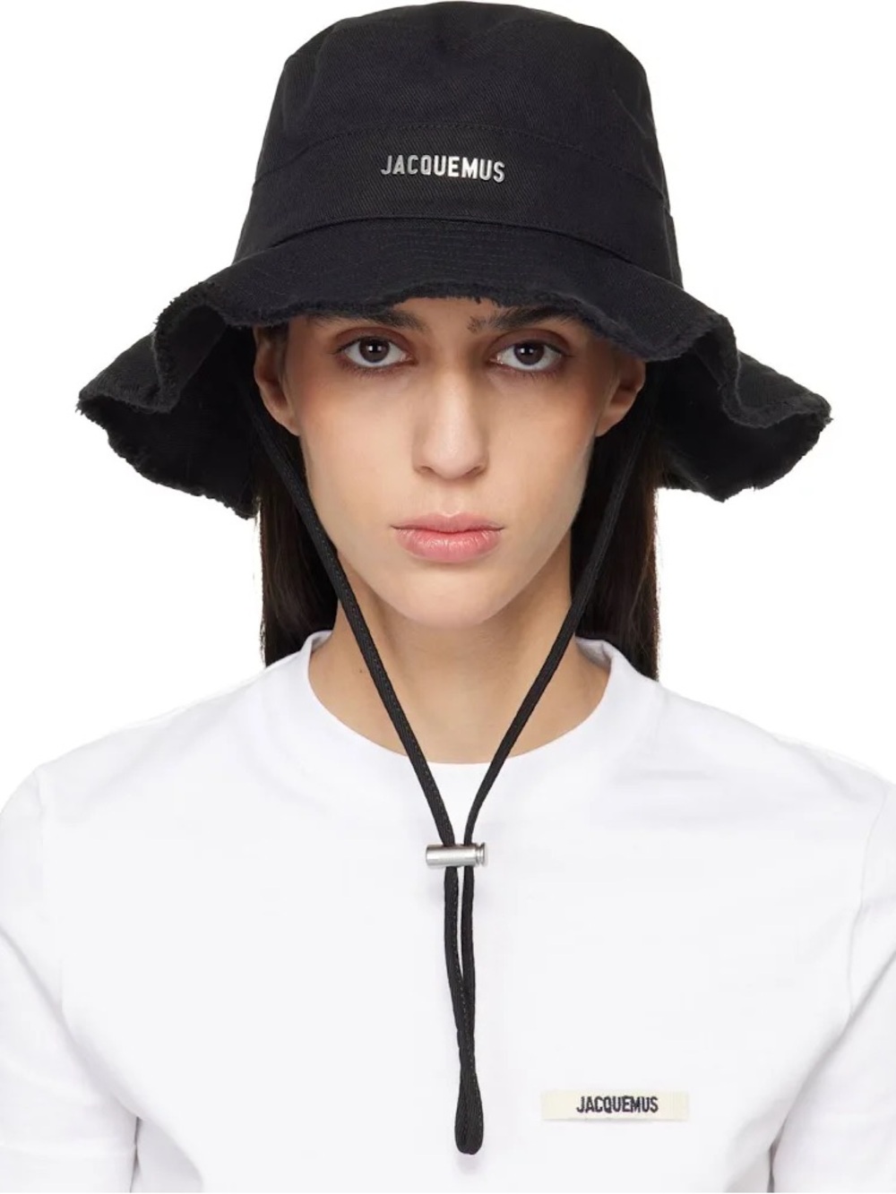 Jacquemus Black Frayed-Edge Bucket Hat with Chin Cord